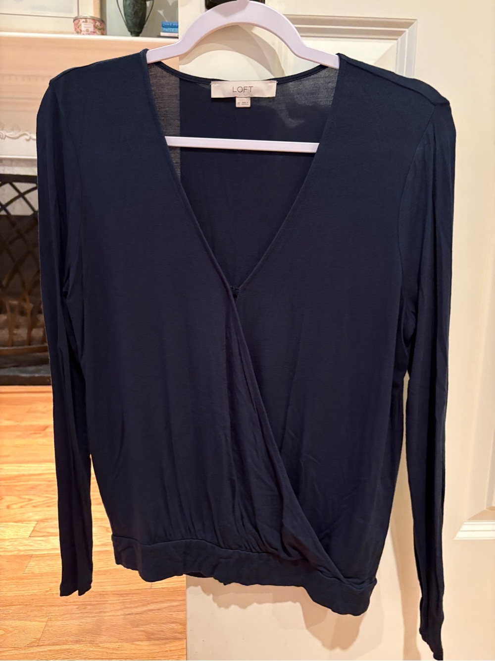 LOFT Navy Wrap-Front Long Sleeve Top